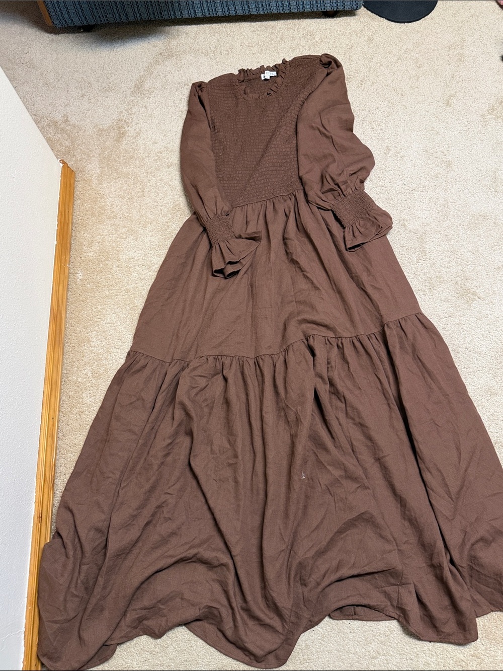 Ivy City Co Brown Long Sleeve Tiered Maxi Dress